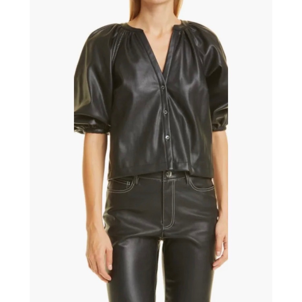 Staud New Dill Vegan Leather Top Women Sz L Black Puff Sleeve Blouse Streetwear